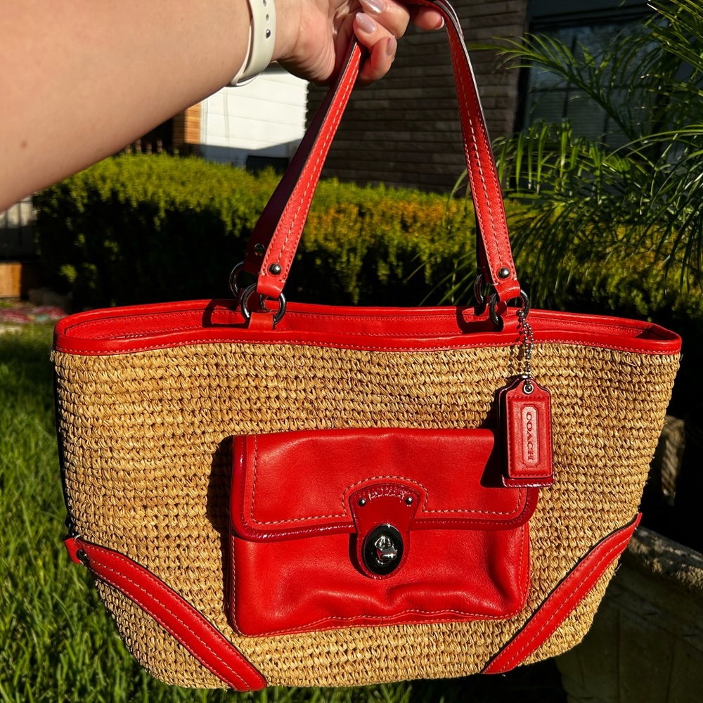 Coach peach/pink straw tote